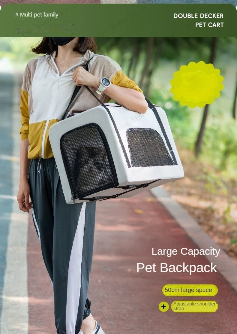 Double-Layer Foldable Pet Stroller — Lightweight Ventilated Travel Cart for Cats & Dogs | Black & Gray