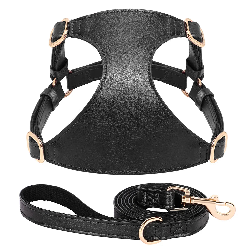 Soft Genuine Leather Dog Harness Leash Set Small Medium Dogs Cats Harness Vest For Chihuahua French Bulldog Walking Training Fashioned Furbabies