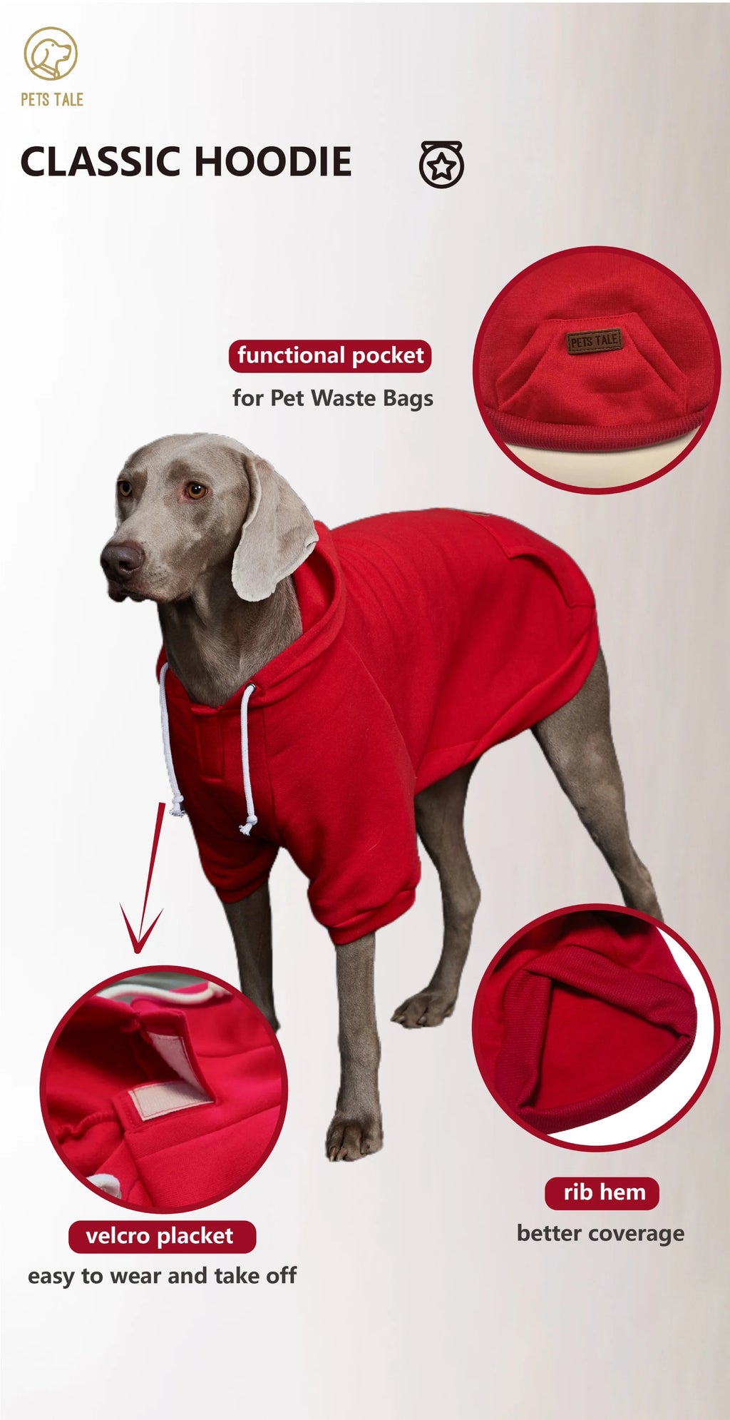 Dog Hoodie with Pocket, Leather Patch, Hook and Loop Fastener Collar -