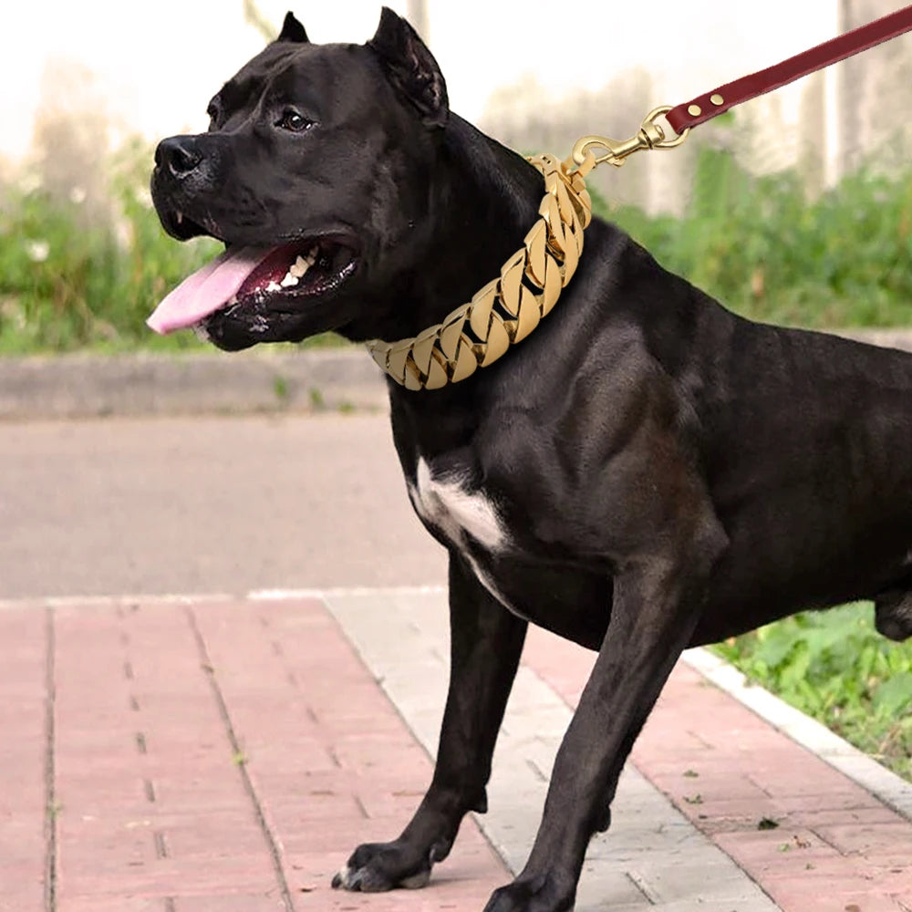 Gold Cuban Chain Dog Collar — 32mm Stainless Steel 316 Heavy Duty Collar for Large & Bully Breeds | 10 Lengths | 18K Gold