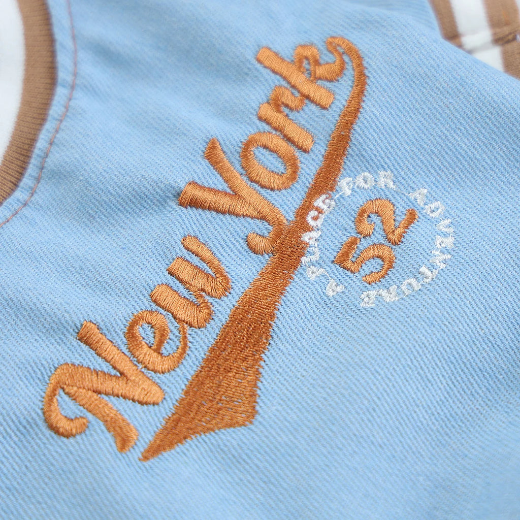 New York Denim Baseball Dog Shirt — Sporty Jean Pullover for Small Dogs | XS–XL