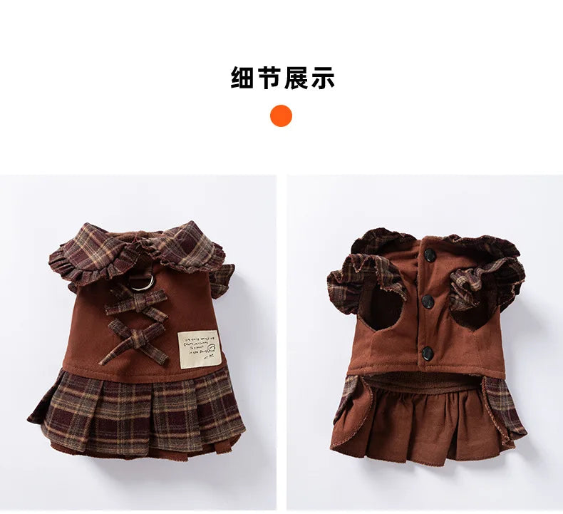 Autumn and Winter Pet Plaid Couple Outfit Thin Dress Hoodie Cat Teddy Jacket Dog Dresses for Small Dogs Puppy Clothes