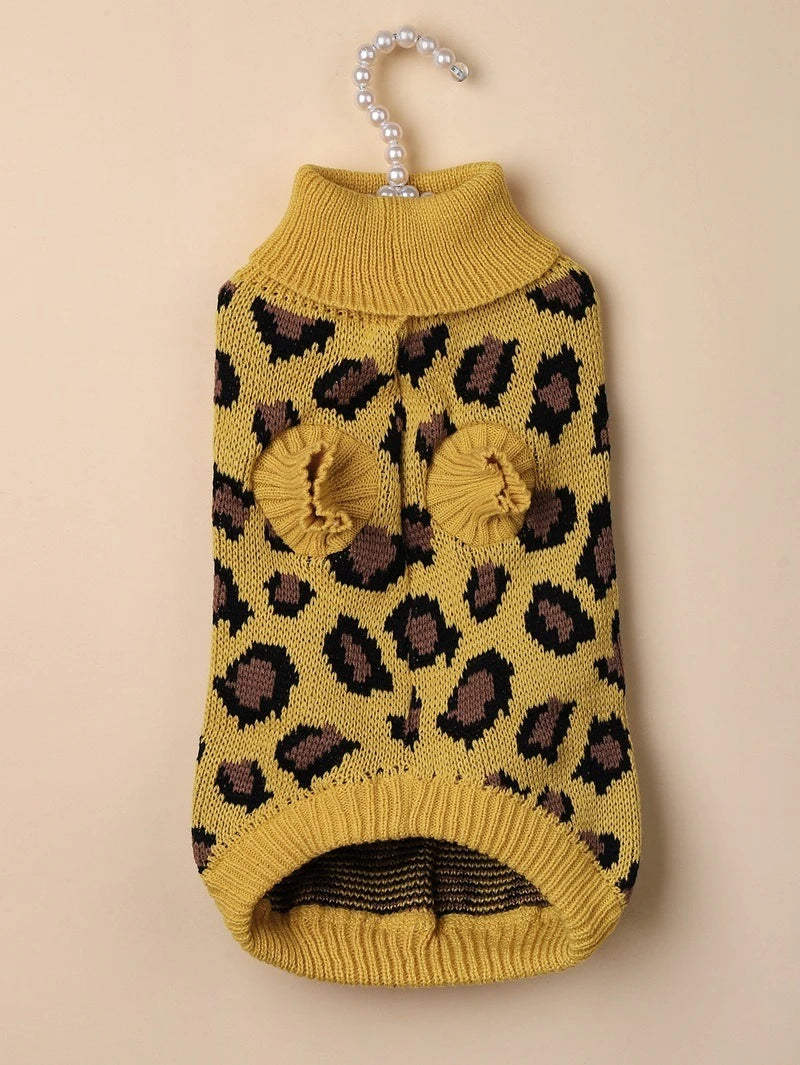 Leopard Print Dog Sweater Overalls — Soft Knit Winter Hoodie for Small Dogs & Cats | XS–L