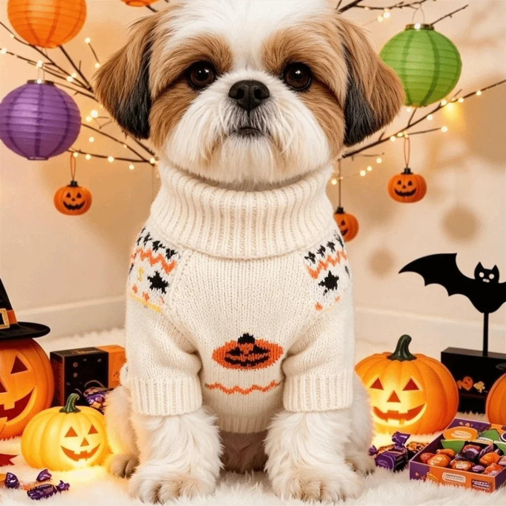 Halloween Pumpkin Dog Sweater | Cozy Knit Turtleneck for Cats & Dogs XS–XL