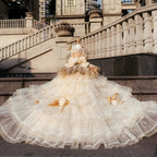 Luxury Champagne Pet Dog Clothes Fine Handmade Lace Flower Bow Tong Tail Princess Dress For Small Medium Dog Party Outfits Puppy Fashioned Furbabies