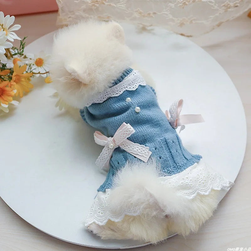 Wool Princess Skirt Sweater Dress — Elastic Waist Autumn Outfit for Small Dogs & Cats | Blue | XS–XL