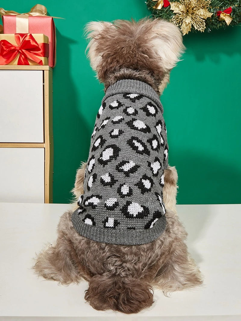 Leopard Print Dog Sweater Overalls — Soft Knit Winter Hoodie for Small Dogs & Cats | XS–L