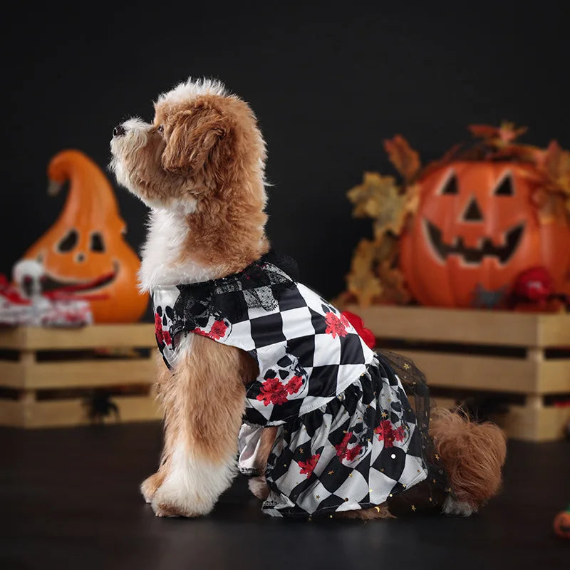 Halloween Checkered Pet Dress | Skull & Floral Costume Dress for Small & Medium Dogs S–XL