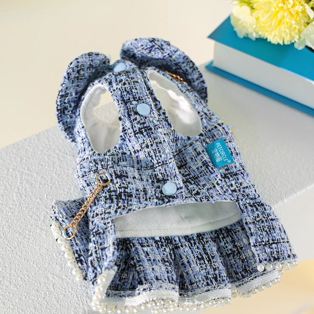 1-Piece Dog Clothes Cat Dog Pet Dress Autumn and Winter Thickened Warm Blue Skirt with Small Backpack