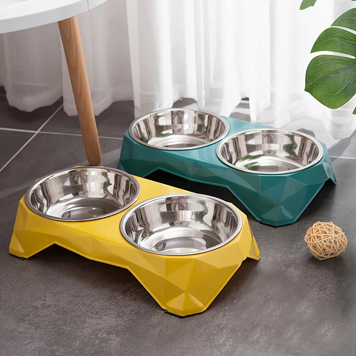 Stainless Steel Double Pet Bowl — Non-Slip Diamond Pattern Food & Water Feeder for Dogs & Cats
