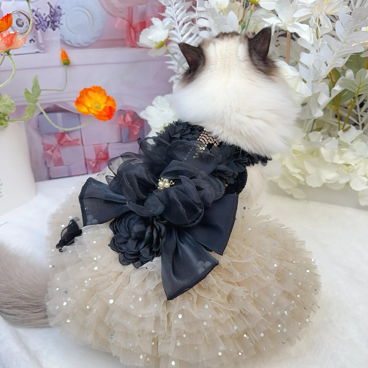 Fashion Sexy Black Roseflower Puppy Dog Clothing Sequin Lace Sling Princess Dress For Small Medium Dog Chihuahua Pet Dog Clothes Fashioned Furbabies