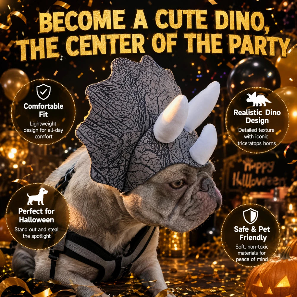 Halloween Dinosaur Dog Hat | Triceratops Headwear Costume for French Bulldogs & Small Dogs