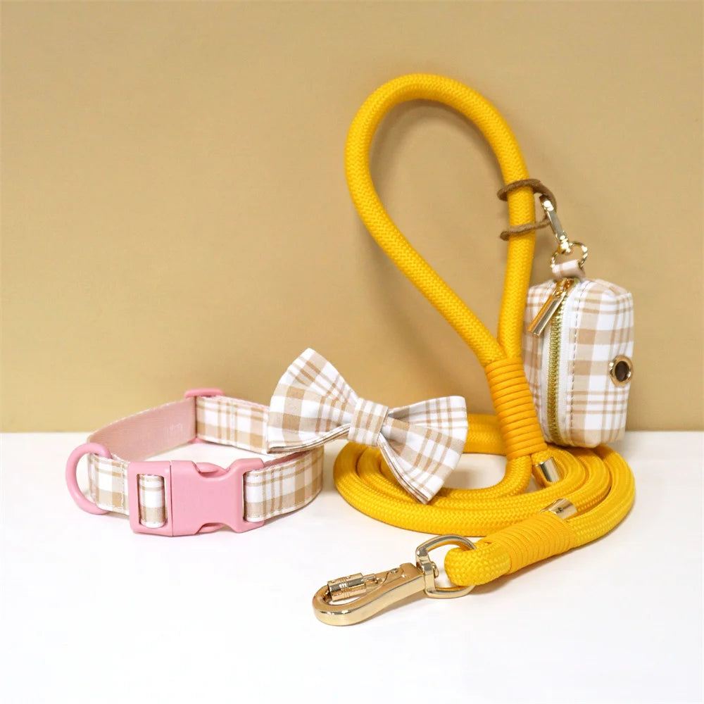 Luxury Bow Dog Collar Set | Cotton & Polyester | XS–XL | With Leash & Poop Bag