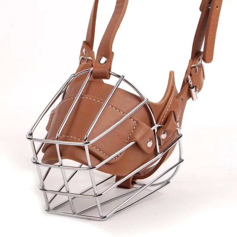 Leather & Metal Basket Dog Muzzle — Adjustable Anti-Bite Training Muzzle for Medium & Large Dogs | Brown & Black | M–XXL