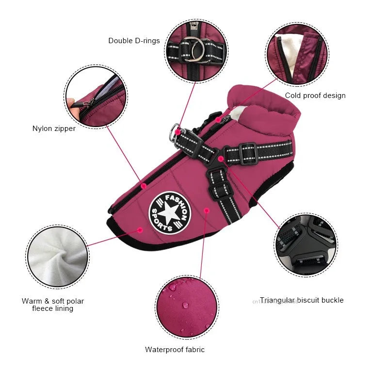 Winter Waterproof Dog Jacket with Built-In Harness — Warm Coat Vest for Small & Medium Dogs