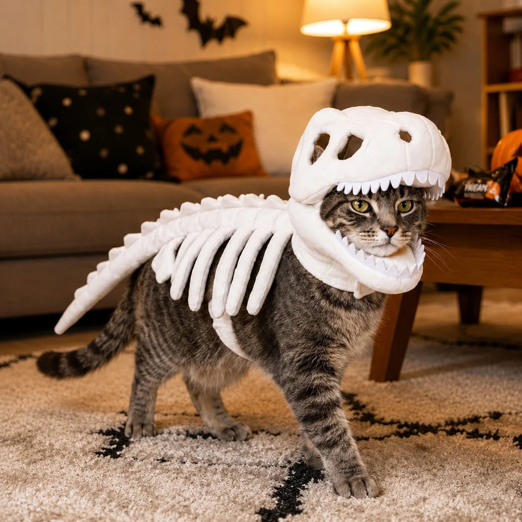 Halloween Dinosaur Skeleton Pet Costume | Plush Over-the-Head Cosplay for Dogs & Cats