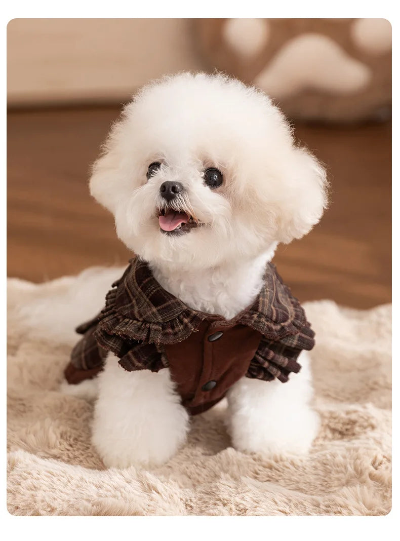 Autumn and Winter Pet Plaid Couple Outfit Thin Dress Hoodie Cat Teddy Jacket Dog Dresses for Small Dogs Puppy Clothes