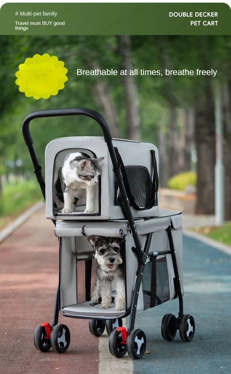 Double-Layer Foldable Pet Stroller — Lightweight Ventilated Travel Cart for Cats & Dogs | Black & Gray