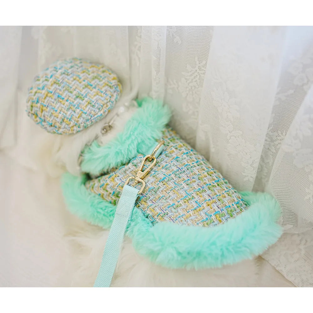 Classic Dog Winter Clothes Dog Harness Outfit For Girls Fragrant Cloak Princess Puppy Cats Chest And Back Traction For Small Dog