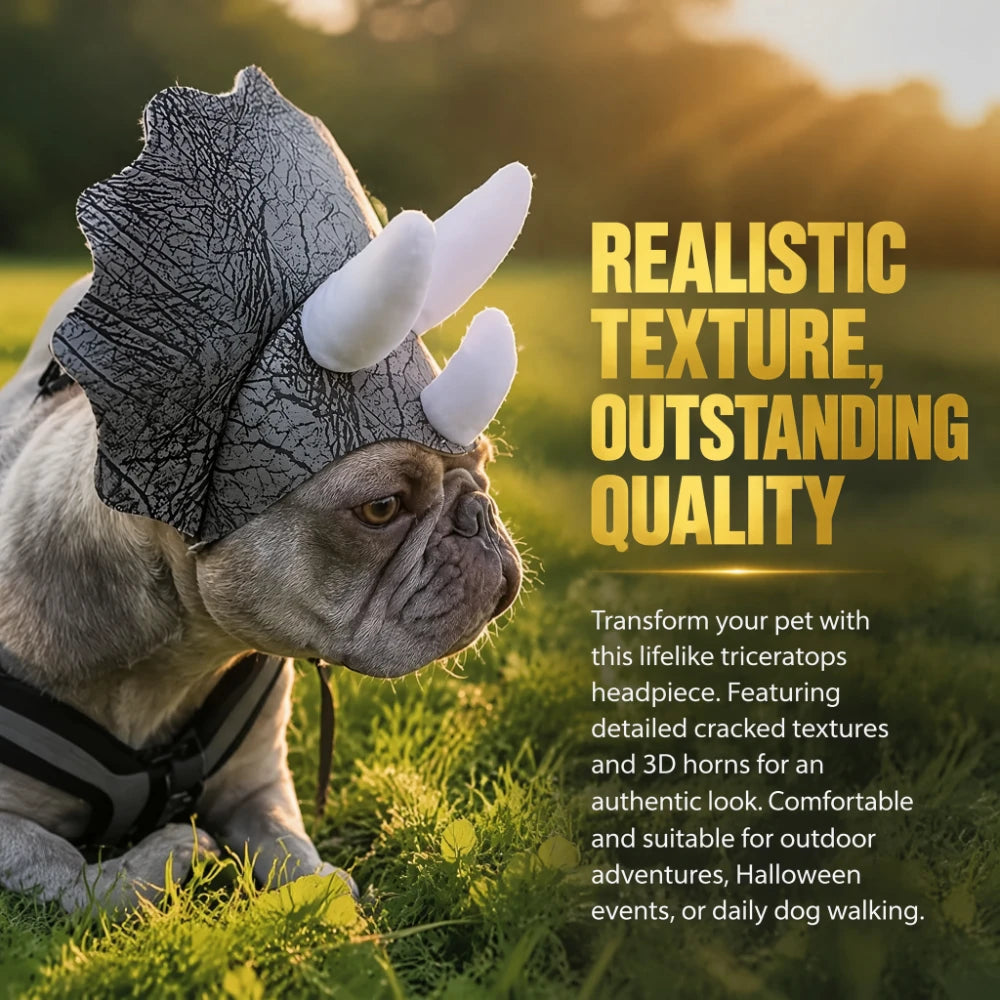 Halloween Dinosaur Dog Hat | Triceratops Headwear Costume for French Bulldogs & Small Dogs