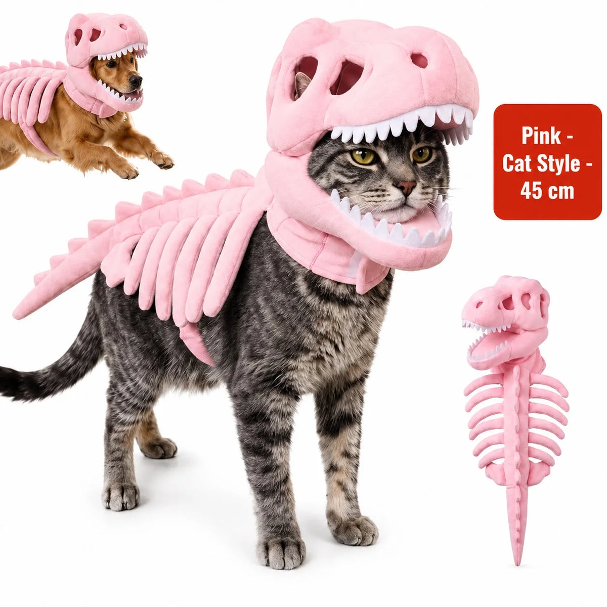 Halloween Dinosaur Skeleton Pet Costume | Plush Over-the-Head Cosplay for Dogs & Cats