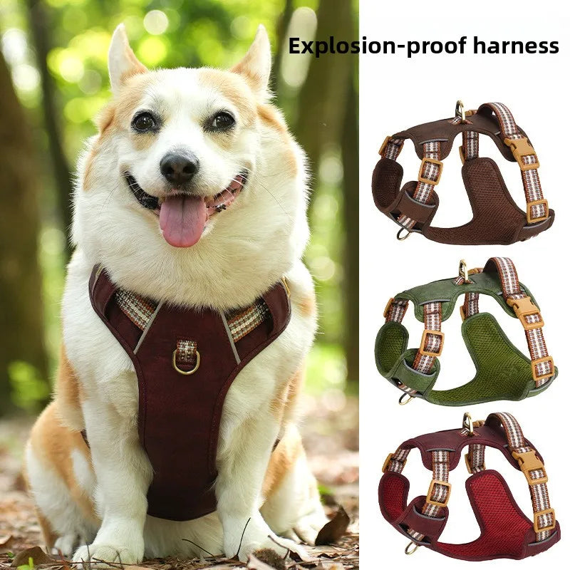 Retro leather pet chest strap, explosion-proof, reflective dog chest and back, breathable and adjustable Fashioned Furbabies
