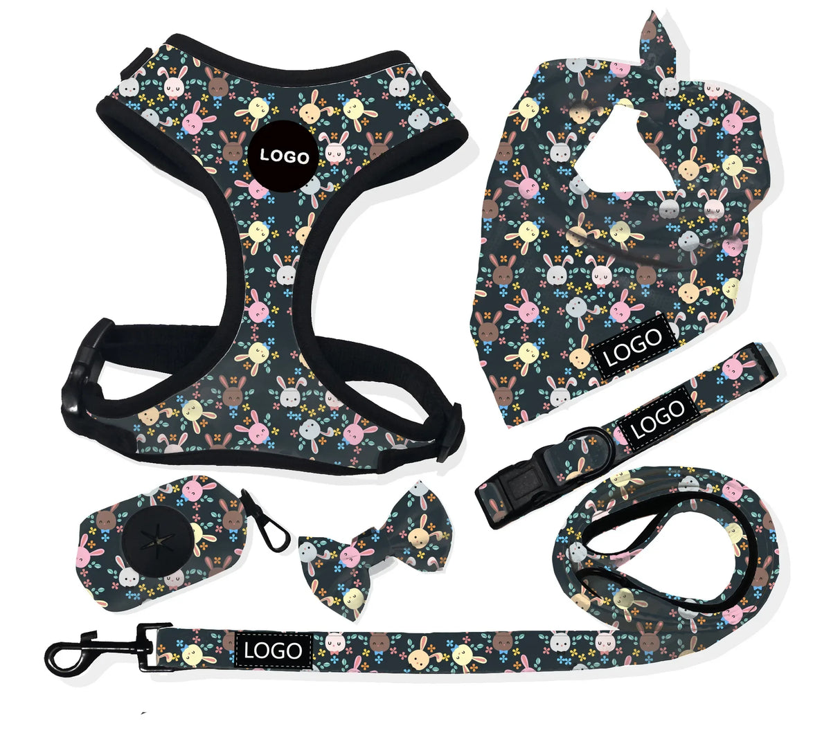Custom Neoprene Waterproof Padded Mesh Designer Pet Bandana Neck Collar Lead Set Dog Harness Leash