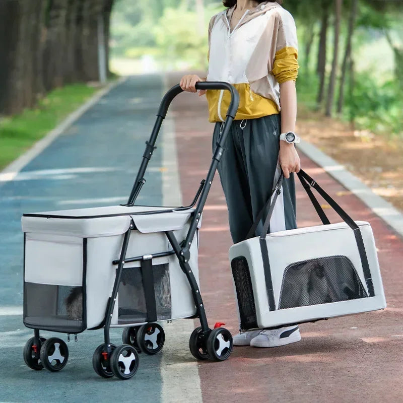 Double-Layer Foldable Pet Stroller — Lightweight Ventilated Travel Cart for Cats & Dogs | Black & Gray