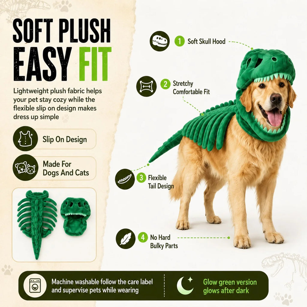 Halloween Dinosaur Skeleton Pet Costume | Plush Over-the-Head Cosplay for Dogs & Cats