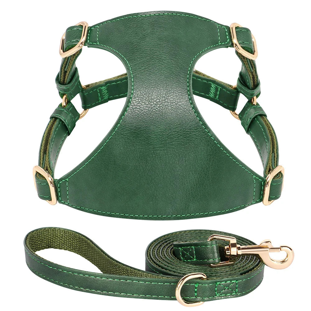 Soft Genuine Leather Dog Harness Leash Set Small Medium Dogs Cats Harness Vest For Chihuahua French Bulldog Walking Training Fashioned Furbabies