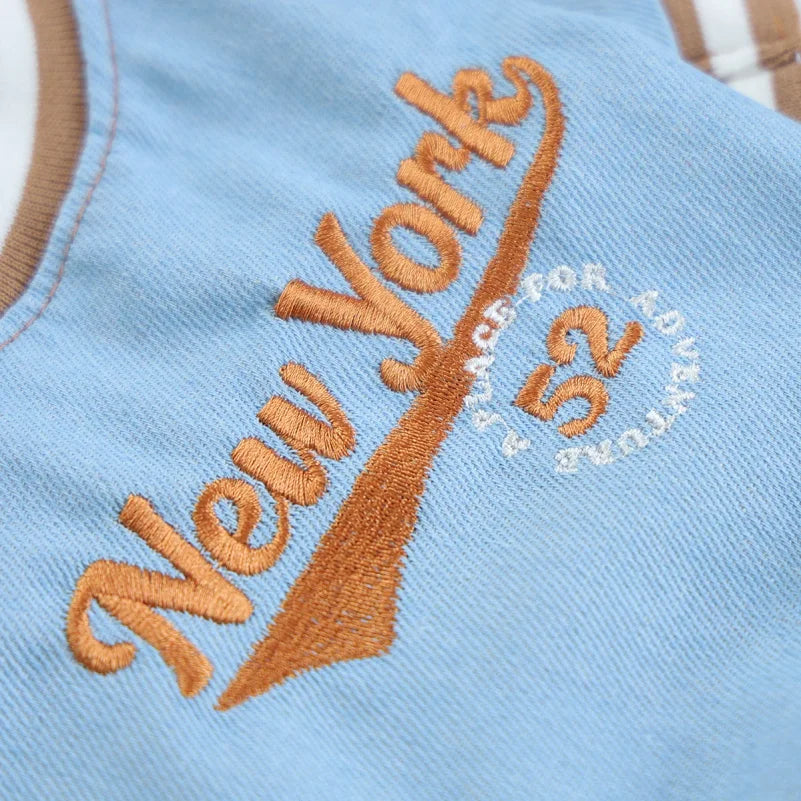 New York Denim Baseball Dog Shirt — Sporty Jean Pullover for Small Dogs | XS–XL