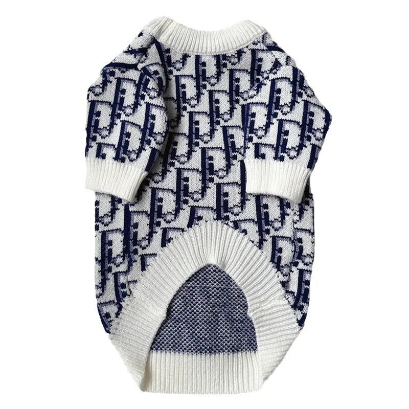 Designer Monogram Dog Sweater — Thickened Knit Round Neck Pullover for Small Dogs & Cats | S–XXL
