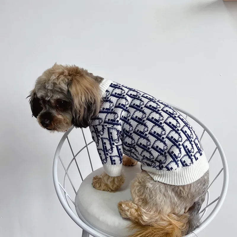 Designer Monogram Dog Sweater — Thickened Knit Round Neck Pullover for Small Dogs & Cats | S–XXL