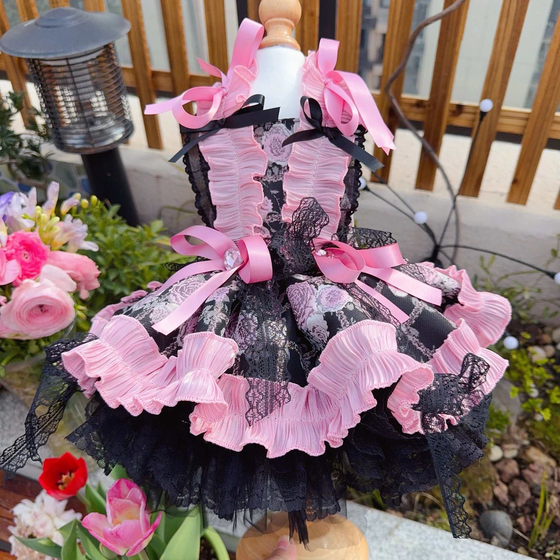 Lovely Pet Dog Clothes Luxury Handmade Black Pink Flower Print Long Tail Princess Dresses For Small Medium Dog Chihuahua Puppy Fashioned Furbabies
