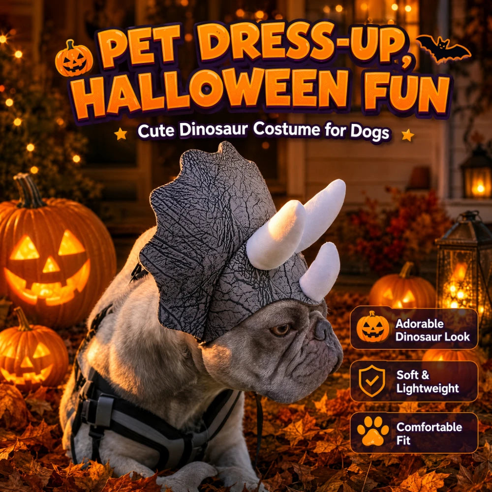 Halloween Dinosaur Dog Hat | Triceratops Headwear Costume for French Bulldogs & Small Dogs