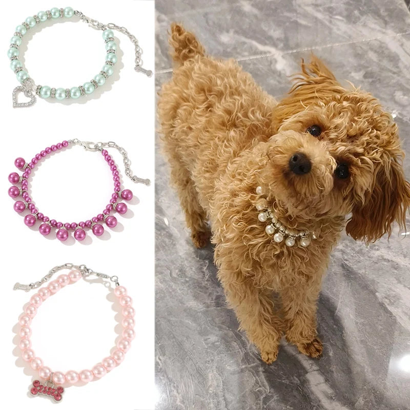 Luxury Pearl & Rhinestone Dog Necklace Collar | Bling Pet Collar | S–L