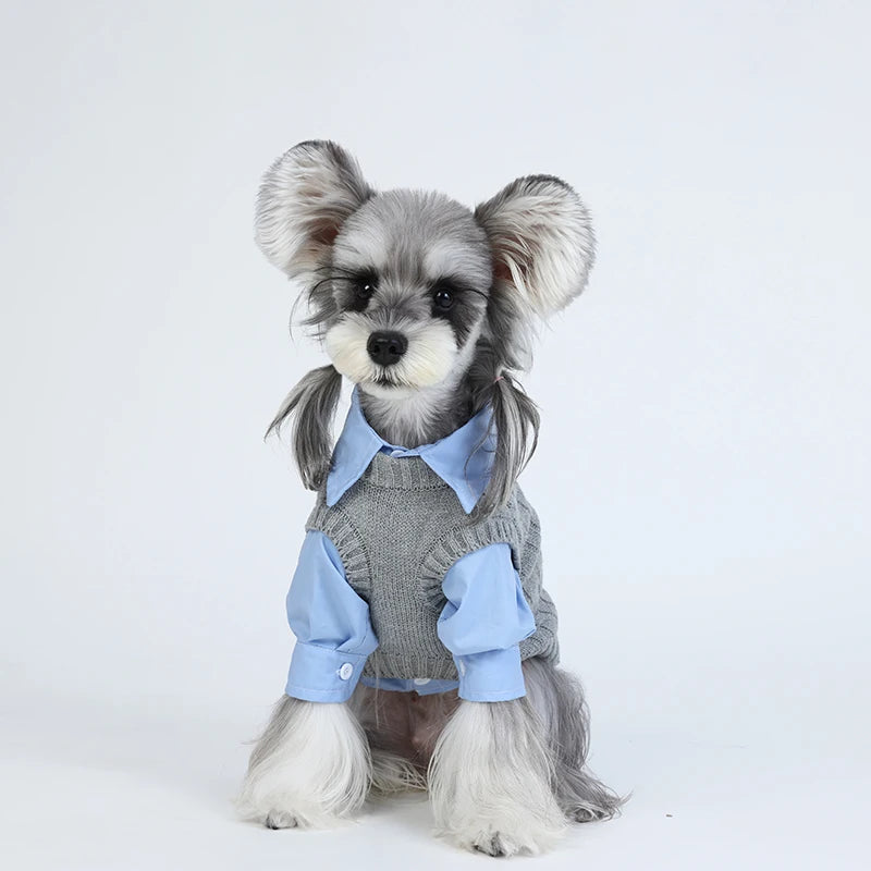 Cute Gray Pet Spring Autumn Dog Clothes Knitted Dog Cat Vest With Shirts 2 Pcs Clothing Set Fashioned Furbabies