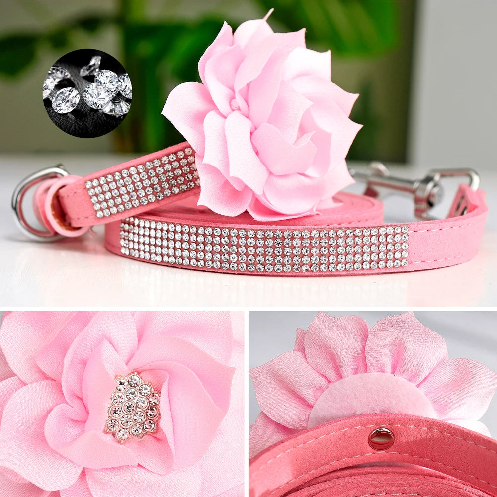 Rhinestone Dog Collar — Glitter Floral Suede Leather Collar & Optional 4ft Leash Set | Black, Blue, Pink & Purple | XS–L