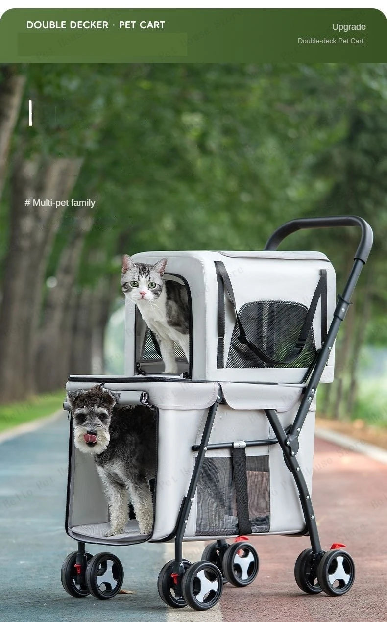 Double-Layer Foldable Pet Stroller — Lightweight Ventilated Travel Cart for Cats & Dogs | Black & Gray