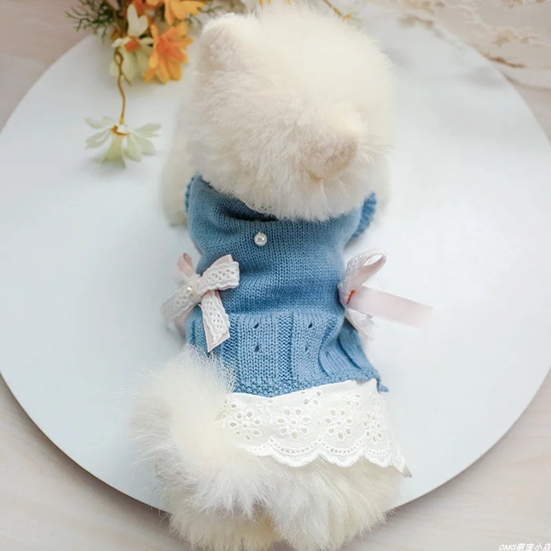 Wool Princess Skirt Sweater Dress — Elastic Waist Autumn Outfit for Small Dogs & Cats | Blue | XS–XL