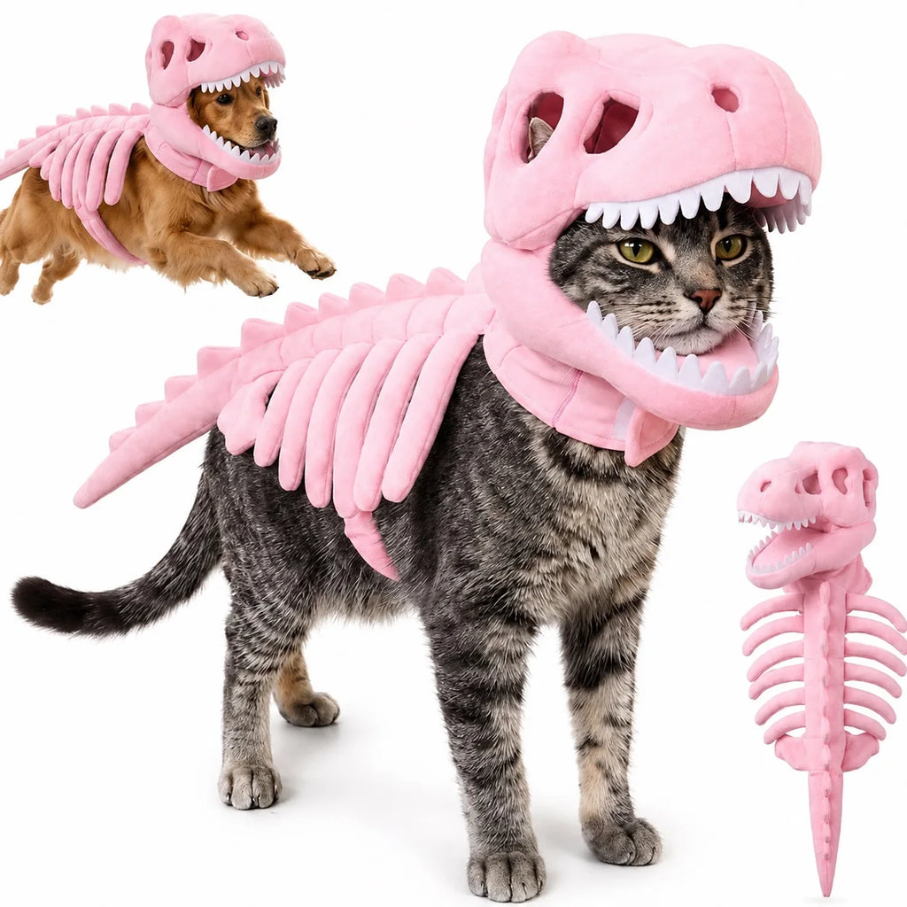 Halloween Dinosaur Skeleton Pet Costume | Plush Over-the-Head Cosplay for Dogs & Cats
