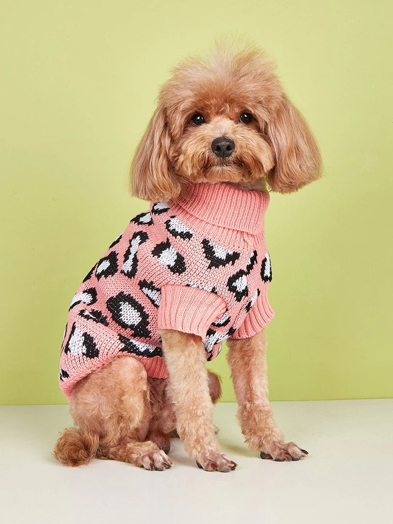 Leopard Print Dog Sweater Overalls — Soft Knit Winter Hoodie for Small Dogs & Cats | XS–L