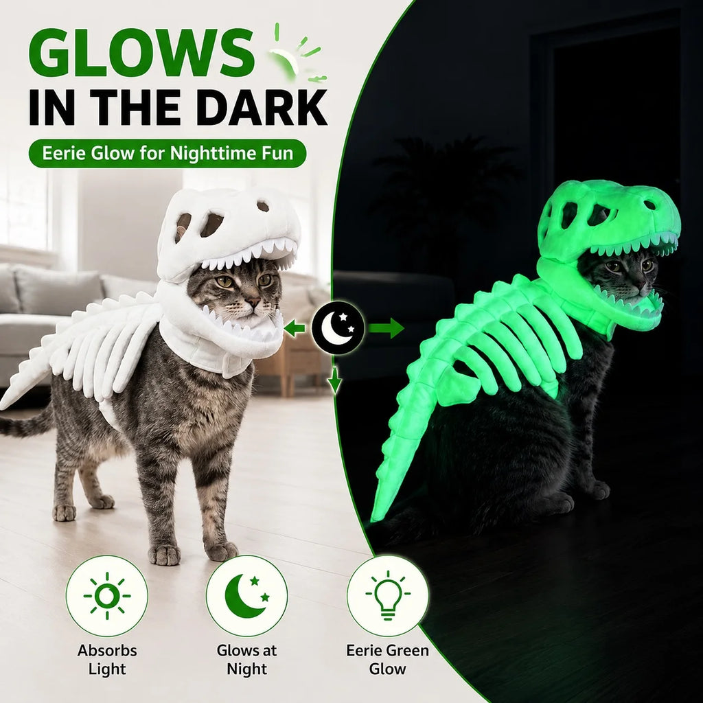 Halloween Dinosaur Skeleton Pet Costume | Plush Over-the-Head Cosplay for Dogs & Cats