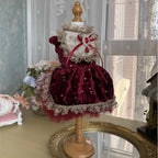 Wine Red Velvet Dog Dress - Handmade Crystal Bow Gown