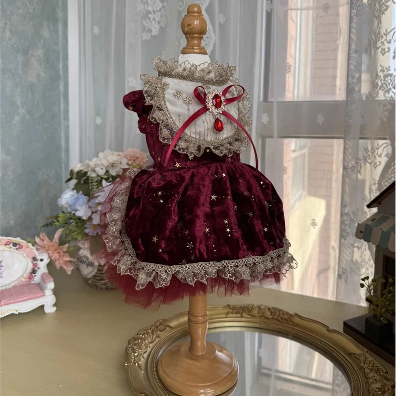 Wine Red Velvet Dog Dress - Handmade Crystal Bow Gown
