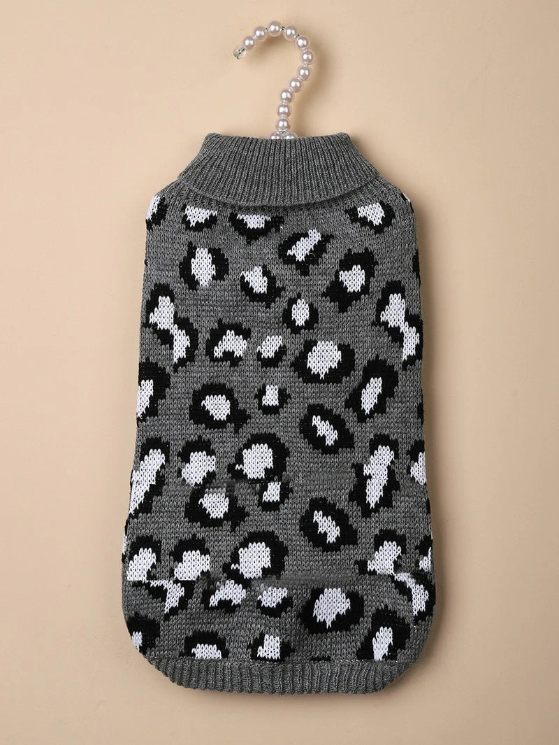 Leopard Print Dog Sweater Overalls — Soft Knit Winter Hoodie for Small Dogs & Cats | XS–L