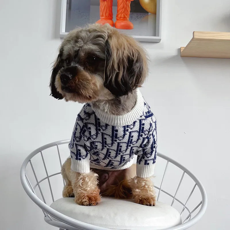 Designer Monogram Dog Sweater — Thickened Knit Round Neck Pullover for Small Dogs & Cats | S–XXL