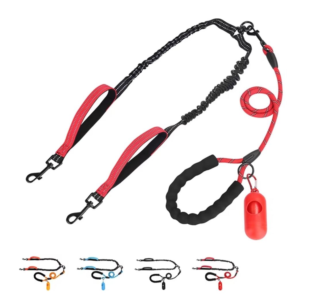 Double dog leash tangle free, bungee design, shock absorbing