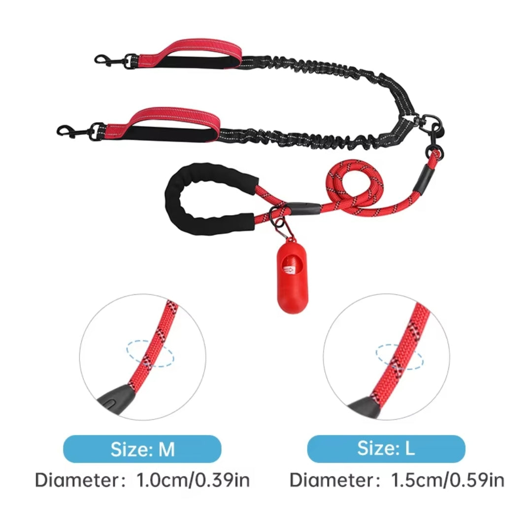 Double dog leash tangle free, bungee design, shock absorbing