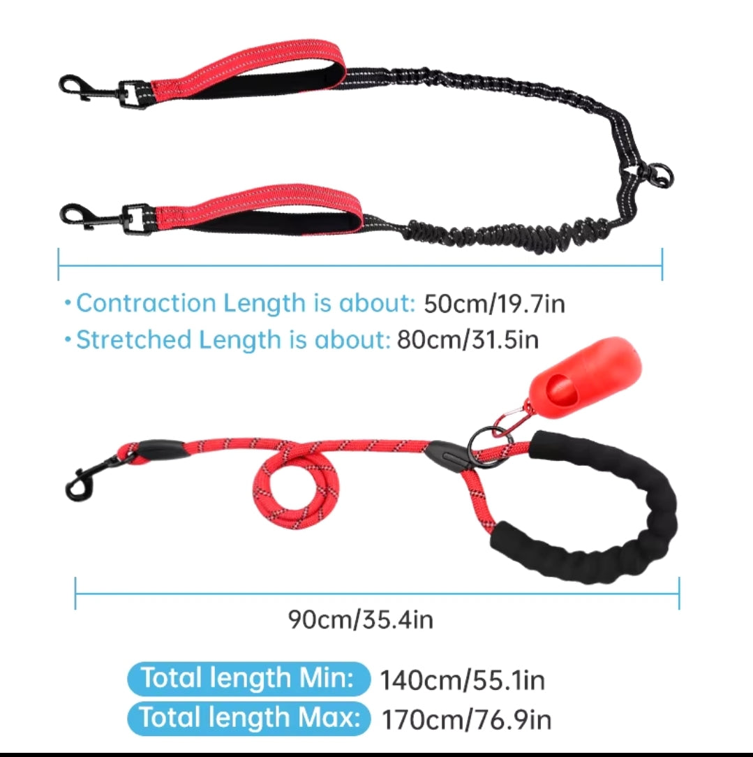 Double dog leash tangle free, bungee design, shock absorbing